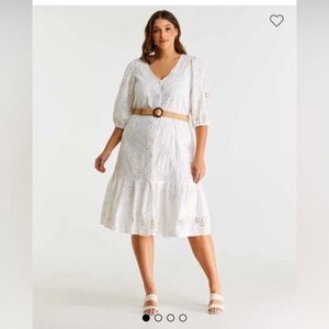 Estelle white embroidery drop hem dress with belt